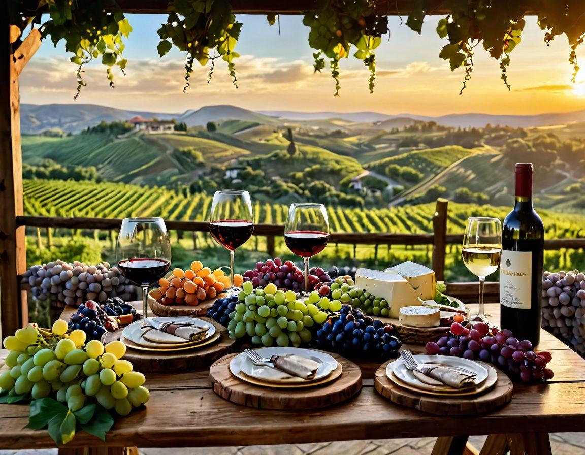 A cozy, rustic vineyard scene featuring a wooden table set with different wine glasses filled with various wines, surrounded by fresh grapes and cheese platters. In the background, rolling green hills and rows of grapevines under a golden sunset. An inviting bottle of red wine is partially uncorked, and soft fairy lights twinkle overhead. super-realistic. warm tones. lush greenery.