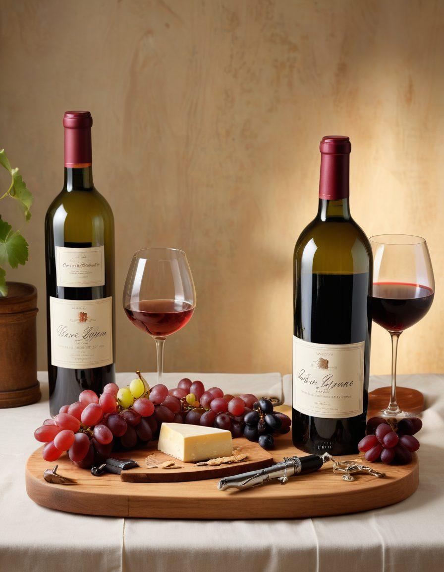 A beautifully arranged table featuring an array of exquisite wine bottles, detailed tasting notes on elegant parchment, and a vintage corkscrew beside an open wine journal. Soft ambient lighting enhances the rich colors of red, white, and rosé wines in crystal glasses, with grapes and cheese on a wooden board in the background. The scene conveys sophistication and the sensory experience of wine tasting. atmospheric. vibrant colors. super-realistic.
