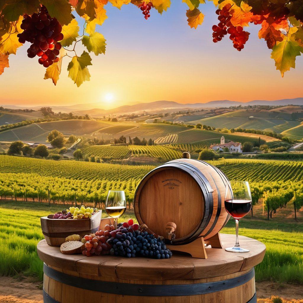 A picturesque vineyard landscape under a sunset sky, showcasing rolling hills with lush grapevines. In the foreground, a wooden wine barrel with a glass of red wine, catching the glimmer of the sun. Scatter some grape clusters and a festival banner in the background with people enjoying the festivities. Elements of local wine corks and maps hinting at various wine regions. vibrant colors. super-realistic.